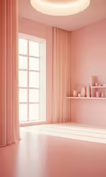 a pink room with a shelf and vases