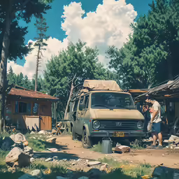 two men standing around a car near some cabins