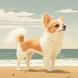 an adorable little dog stands on a sandy beach