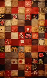 a red - and - brown patchwork pattern with flowers on it