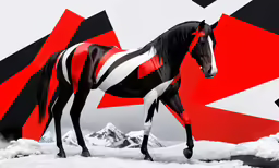 a black horse wearing a black and white outfit