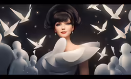 a beautiful asian lady with white dress standing among white birds