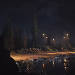 a group of trees that are by a lake