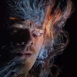 a man with long hair and blowing water