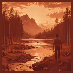 a man stands on a bank of a river near a forested area with a mountain in the background,a man is standing next to a body of water