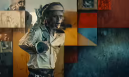 a man in costume is pointing at something