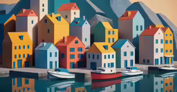 a colorful painting shows a row of buildings and some boats