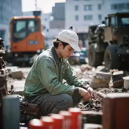 man using construction equipment in an industrial area
