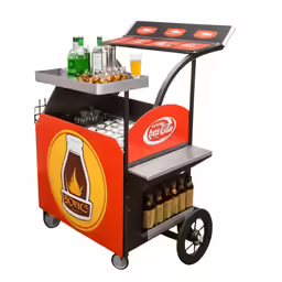 the coca cola cart is loaded with drinks and soft drinks