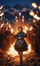 a small girl in a blue coat walks down the road by a large crowd with fire