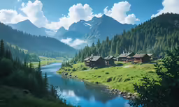 beautiful landscape with clouds, mountains, water and green grass