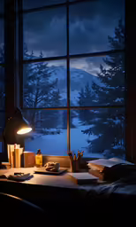 the window has a view of snowy mountains outside