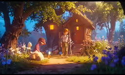 a girl and boy in front of a small cabin with blue flowers