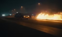a large fire is burning in the street
