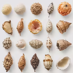 a group of different types of shells on a table