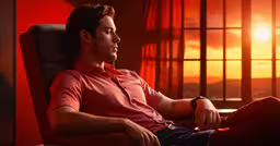 a man is sitting in an office chair,a man in a red shirt sitting on a red chair