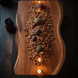 a platter of floating lights and small stones on a table