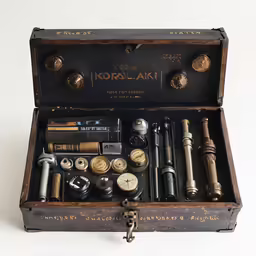 a wooden box filled with different types of items