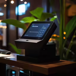 a monitor sitting on top of a wooden table