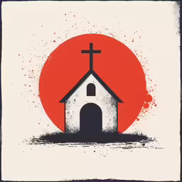 a painting with a church with a cross