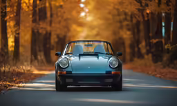 a blue vintage sports car parked on a road surrounded by trees