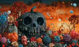 there is a skull and several flowers in the background