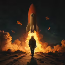 a man walking towards a large jet flying through the sky