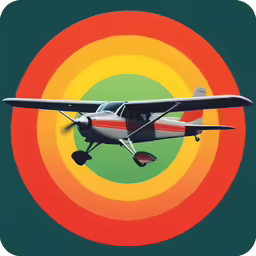 an old airplane flying in the air over colorful circles