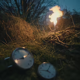 a group of clocks sitting on the grass