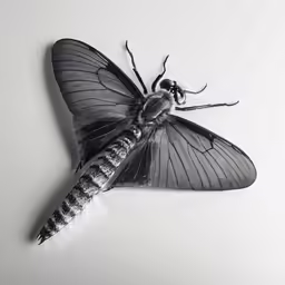 a silvered black insect with wings spread on it