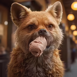 a dog licks its tongue as it stands on the sidewalk