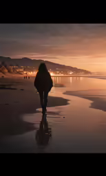a woman is walking along the beach at sunset