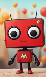 the red robot is posed next to some balloons