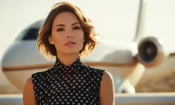 a beautiful young woman standing in front of a small jet