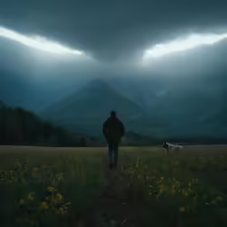 a man and dog stand on a trail through a field under stormy clouds