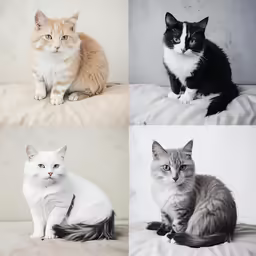 a series of three photos of cats sitting on a bed