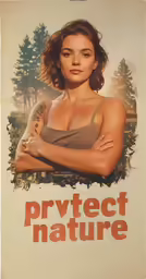 a poster of the actress in a bra top, and the words protect nature are in orange on the background