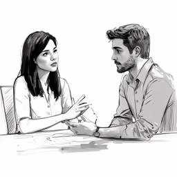 a drawing of a couple at the office meeting