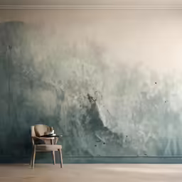 a chair is standing in front of a wall that has green paint on it