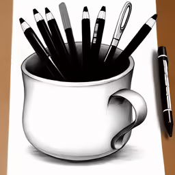a cup that is filled with pencils on top of a paper