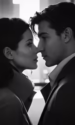 a couple kissing each other in front of a large window