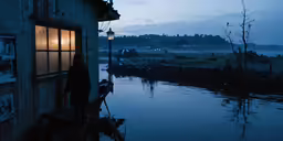 the woman stands near the door to the house next to the water