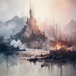 a photo of an fantasy castle by the water