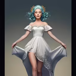 a woman in a dress on top of a floor