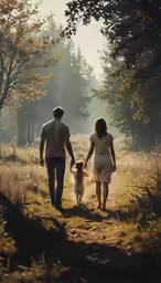 the people are walking through the woods with their dog