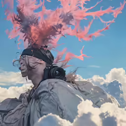 a person with pink smoke behind her head