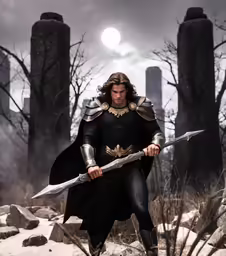 a man dressed as a knight holding a sword and wearing black