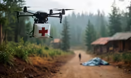 a small aerial red cross backpack on a road
