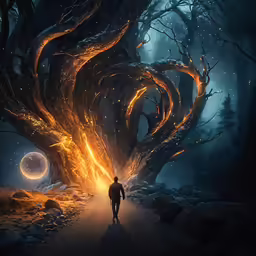 man walking away from fireball in middle of forest with tree on path