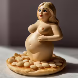 a pregnant woman is sitting on some cookies